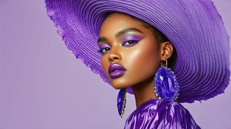 A model showcases bold purple makeup and a large hat that emphasizes her striking look. The beauty shoot highlights elegant earrings and vivid colors against a soft background.の素材