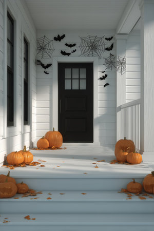Festive Halloween decorations enhance a welcoming porch, featuring pumpkins scattered on steps and bats adorning the walls, creating a seasonal atmosphere on a crisp autumn day.の素材