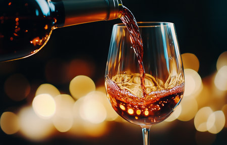 Rich red wine is poured into a crystal glass, capturing the warm glow of soft, ambient lights. This inviting moment promotes relaxation and enjoyment.の素材