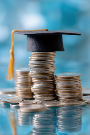 A graduation cap sits atop piles of coins, symbolizing the financial investment in education and future opportunities. The background features a soft blue hue.の素材