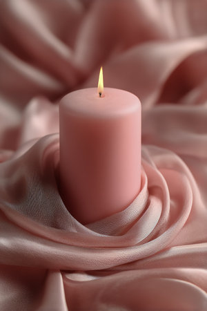 A softly glowing pink candle stands on luxurious silky fabric. The warm light creates a peaceful atmosphere, perfect for relaxation or meditation in the evening.の素材