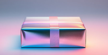 A beautifully wrapped gift box with a shiny surface and a delicate ribbon sits against a softly lit background, creating an inviting and cheerful atmosphere suitable for celebrations.の素材