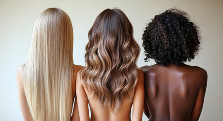 Three women showcase their diverse hair textures from behind, revealing straight, wavy, and curly styles. The backdrop is neutral, emphasizing the unique hairstyles.の素材