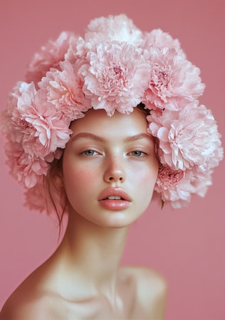 A model wearing a large floral headpiece made of pink flowers poses gracefully in front of a soft pink background during a fashion photoshoot. The aesthetic is delicate and artistic.の素材
