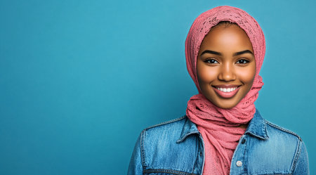 A joyful woman wearing a pink hijab and denim jacket smiles brightly. The vibrant blue background enhances the uplifting atmosphere, showcasing its radiance and confidence.の素材