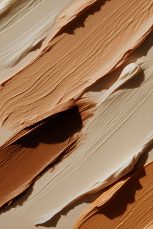 Multiple shades of cosmetic products are smoothly applied in overlapping strokes across a flat surface, showing a range of colors in a creative arrangement in a studio setting.の素材