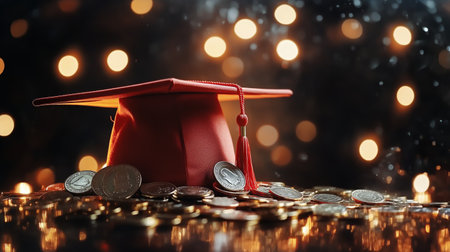 A red graduation cap sits atop a pile of coins, representing educational achievement and the financial rewards that follow. Soft bokeh lights create a festive atmosphere.の素材