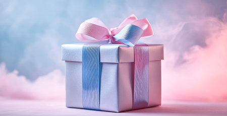 Three beautifully wrapped gift boxes in silver and pastel colors sit on a table against a softly glowing background. The elegant ribbons add a touch of charm to the festive atmosphere.の素材