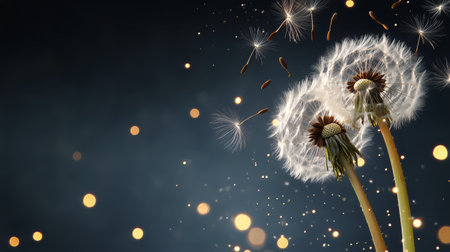 Two dandelions release their seeds into a soft evening breeze, illuminated by glowing golden lights in the background, creating a magical atmosphere filled with wonder.の素材