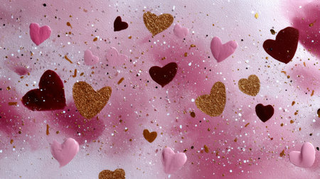 Bright hearts in various shades float on a soft gradient background, creating a cheerful and festive ambiance perfect for celebrations or romance.の素材