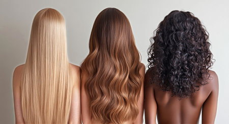 Three women showcase their diverse hair textures from behind, revealing straight, wavy, and curly styles. The backdrop is neutral, emphasizing the unique hairstyles.の素材
