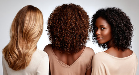 Three individuals stand side by side, each presenting distinct hairstyles. One has natural curls, another features long straight hair, and the third has bouncy waves.の素材