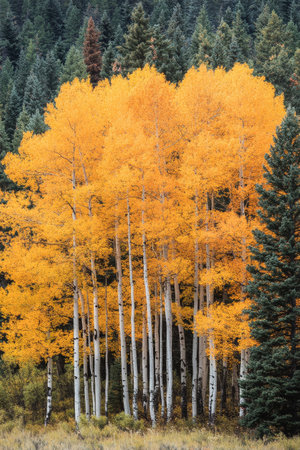A cluster of brilliant orange aspen trees stands out amid a dense backdrop of evergreen conifers. The striking color contrasts vividly with the surrounding forest.の素材