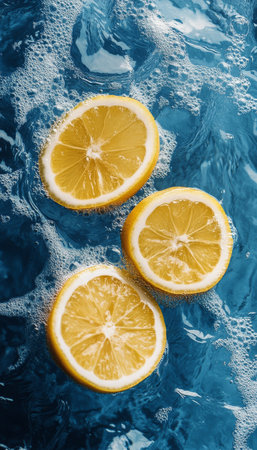 Bright yellow lemon slices are submerged in clear, sparkling water, creating an inviting scene. Bubbles surround the fruit, adding freshness and vibrancy to the composition.の素材