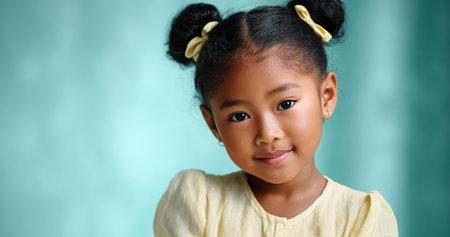 A child with two playful buns looks directly at the camera, smiling warmly. She wears a yellow outfit and enjoys a moment of self-assurance in a serene setting.の素材