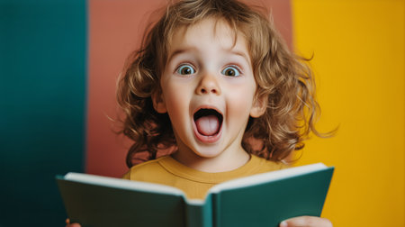 A joyful child with curly hair expresses excitement while reading a book in a brightly colored room with vibrant walls. The child's enthusiasm brings a lively atmosphere.の素材