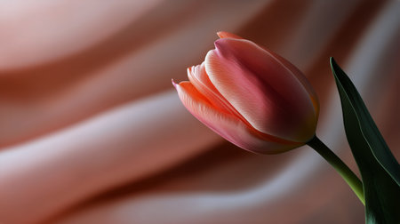 A pink tulip stands elegantly with soft petals reflecting morning light. The background features gentle waves that enhance the floral beauty, capturing a serene moment in nature.の素材