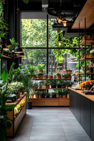 A colorful flower shop showcases a variety of fresh blooms and lush plants. Sunlight streams through a large window, highlighting the vibrant arrangement of flowers.の素材