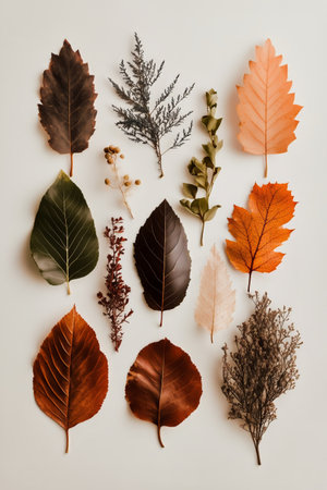 Beautiful display of various autumn leaves and dried plants arranged artistically on a light surface, showing a rich palette of colors and textures in a creative layout.の素材