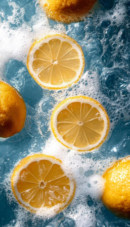 Bright yellow lemon slices are submerged in clear, sparkling water, creating an inviting scene. Bubbles surround the fruit, adding freshness and vibrancy to the composition.の素材