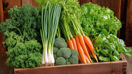 A variety of fresh vegetables including kale, carrots, and lettuce are displayed neatly in a wooden crate at a farm.の素材