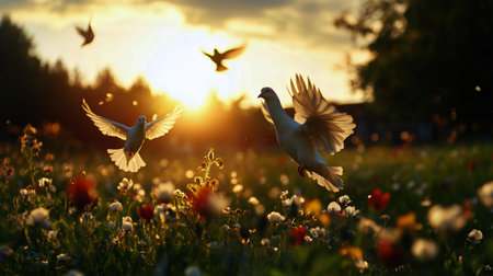 Doves soar gracefully above a vibrant field of blooming flowers, against a backdrop of urban buildings illuminated by the evening sun.の素材