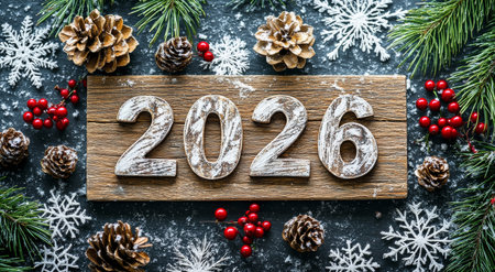 Winter decor features the year 2026 displayed on a wooden sign surrounded by pinecones and vibrant red berries, all set against a snowy backdrop for a festive feel.の素材