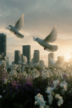 Two white doves soar gracefully above a vibrant flower field. The sun sets behind towering city buildings, casting a warm glow on the scene, creating a serene atmosphere.の素材