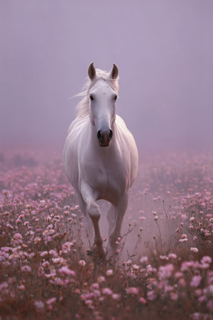 A white horse runs gracefully through a beautiful field of pink flowers, surrounded by a soft mist during the early hours of the morning. The moment captures tranquility and freedom.の素材