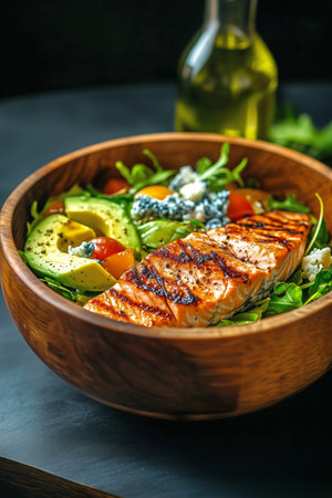 A bowl showcases grilled salmon atop a bed of fresh greens and avocado slices. Olive oil is nearby, enhancing the healthy meal atmosphere.の素材