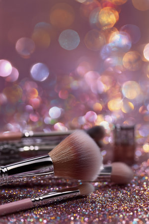 Brushes and cosmetics are arranged on a shimmering surface, giving a colorful and festive ambiance, perfect for makeup application and beauty inspiration.の素材