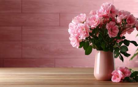 A bouquet of pink roses fills a simple vase resting on a wooden table. The soft pink wall in the background adds a warm, inviting atmosphere to the arrangement.の素材