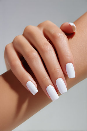 A hand displays a flawless white manicure with long, square-shaped nails against a light backdrop, highlighting perfect grooming and style.の素材