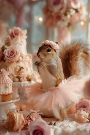 A cute squirrel wearing a pink tutu stands charmingly near a dessert table filled with a cake, cupcakes, and floral decorations. The setting is dreamy and elegant.の素材