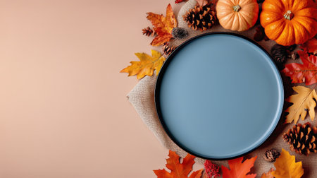 Natural autumn decorations surround a pale plate resting on a light surface. Pinecones, leaves, and small pumpkins create a cozy, seasonal ambiance ideal for gatherings.の素材
