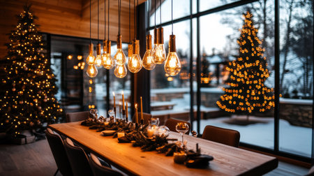 A stylish dining table is adorned with decorative lights and candles, surrounded by beautifully lit Christmas trees outside on a snowy evening.の素材