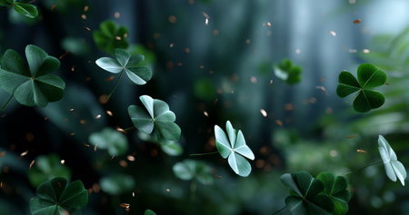Clover leaves gently sway in a soft breeze, accompanied by glimmering golden leaves falling through the air in a serene outdoor setting during springtime.の素材