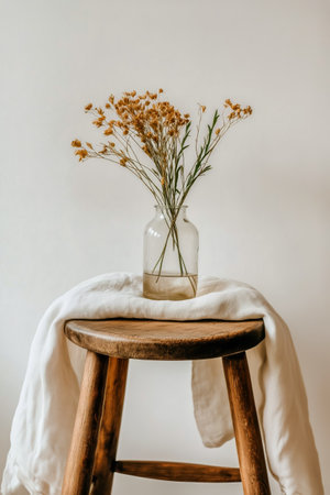 A glass vase filled with dried flowers sits on a rustic wooden stool, draped with a soft, neutral-colored cloth, creating a minimalist aesthetic in a bright space.の素材