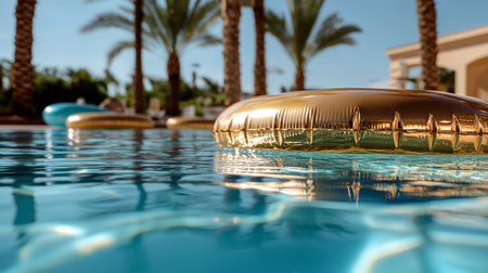 A golden float rests in crystal clear water, surrounded by palm trees under a blue sky, creating a relaxing atmosphere. Ideal for summer enjoyment and leisure activities.の素材