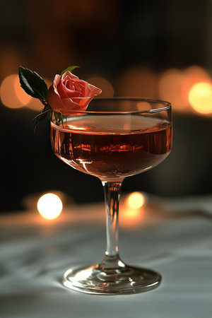A sparkling cocktail rests in a stylish glass, adorned with a delicate rose. Soft lights twinkle in the background, creating a warm and inviting atmosphere suitable for celebrations.の素材