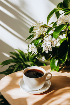 A white coffee cup filled with dark coffee sits on a wooden table, accompanied by blooming flowers. Gentle shadows create an artistic effect under natural light.の素材