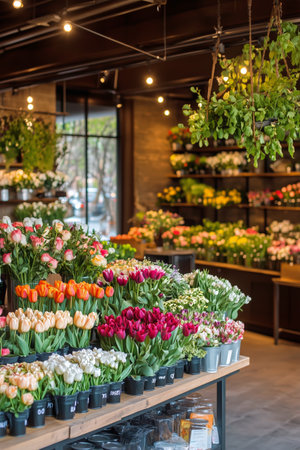 Vibrant floral displays fill the shop with tulips, roses, and greenery. Customers admire the variety, enjoying the lively atmosphere and sweet scents during the day.の素材