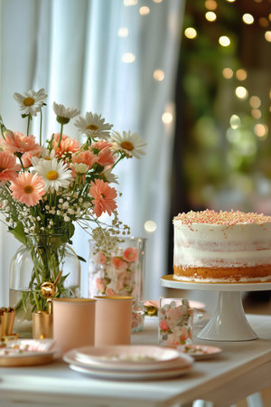 A dessert table features a decorated cake and floral arrangement with pink flowers. Soft lights twinkle in the background, creating a warm atmosphere suited for a celebration.の素材