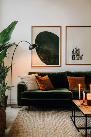 A modern living room features a plush green sofa adorned with orange pillows. Stylish wall art and warm candlelight enhance the inviting ambiance alongside lush greenery.の素材