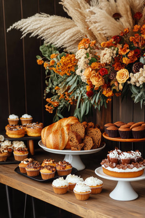 Various baked goods are arranged on tables, showcasing cupcakes, bread, and a stunning floral backdrop. Warm colors create a cozy atmosphere in the cafe setting.の素材