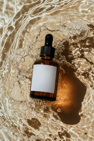 A transparent serum bottle is surrounded by gentle water ripples. Sunlight casts a warm glow on the amber liquid inside, highlighting its texture and elegant design.の素材