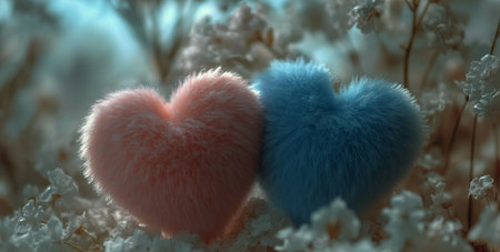 Two soft, fluffy hearts in blue and pink rest atop a bed of white flowers under gentle lighting, creating a peaceful and romantic atmosphere in a beautiful garden setting.の素材