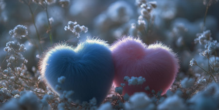 Two fluffy hearts, one blue and one pink, are nestled together in a field of delicate white flowers during twilight, creating a serene and enchanting atmosphere.の素材
