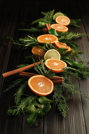 Citrus fruits including oranges and limes are artfully arranged with cinnamon sticks and greenery on a dark wooden surface, creating a vibrant display for a festive gathering.の素材