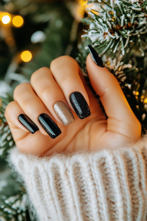 A hand with nails painted in black and gold glitter rests against a soft sweater and a snowy green tree. This festive look captures the spirit of the holiday celebration.の素材
